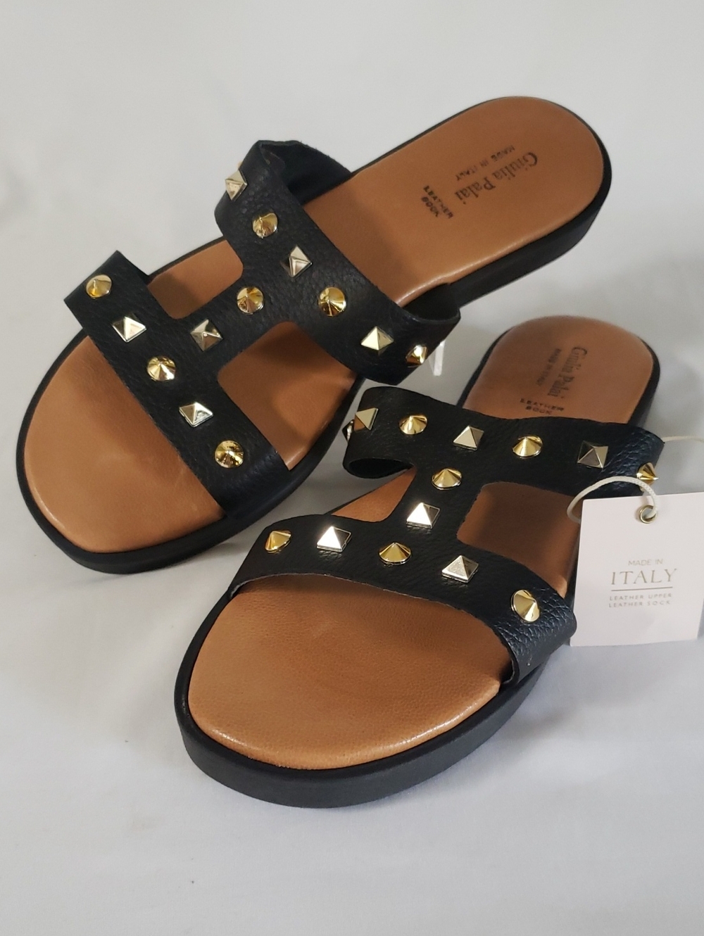Giulia Palai Italian Leather Black Studded Strap Slide Sandals